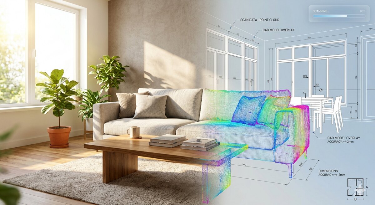 Scan-to-CAD: Wohnraum-Foto geht nahtlos in ein farbiges Punktwolken- und Archicad-Modell über